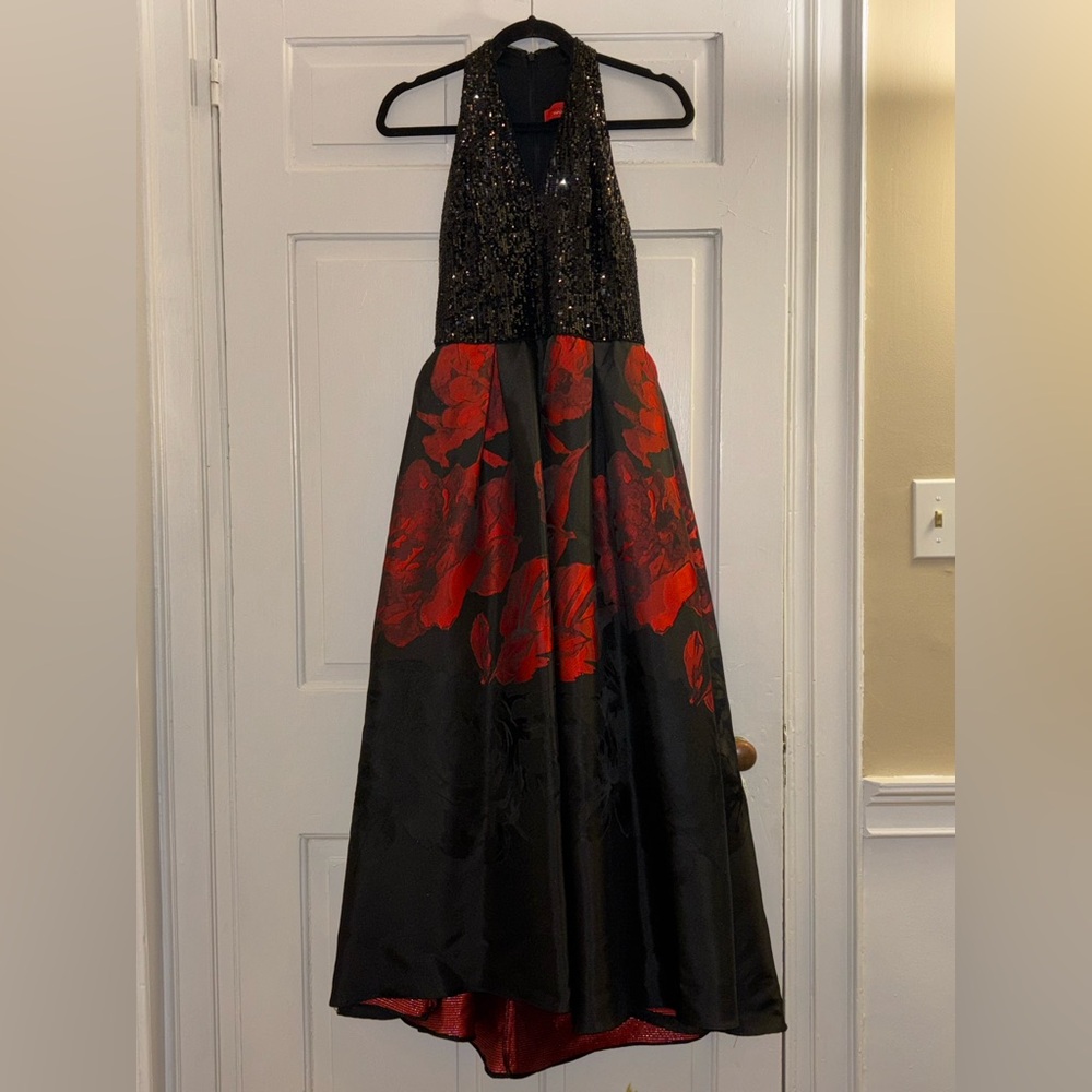 Carmen Marc Valvo Infusion V-Neck Halter Sparkle Satin Floral Gown